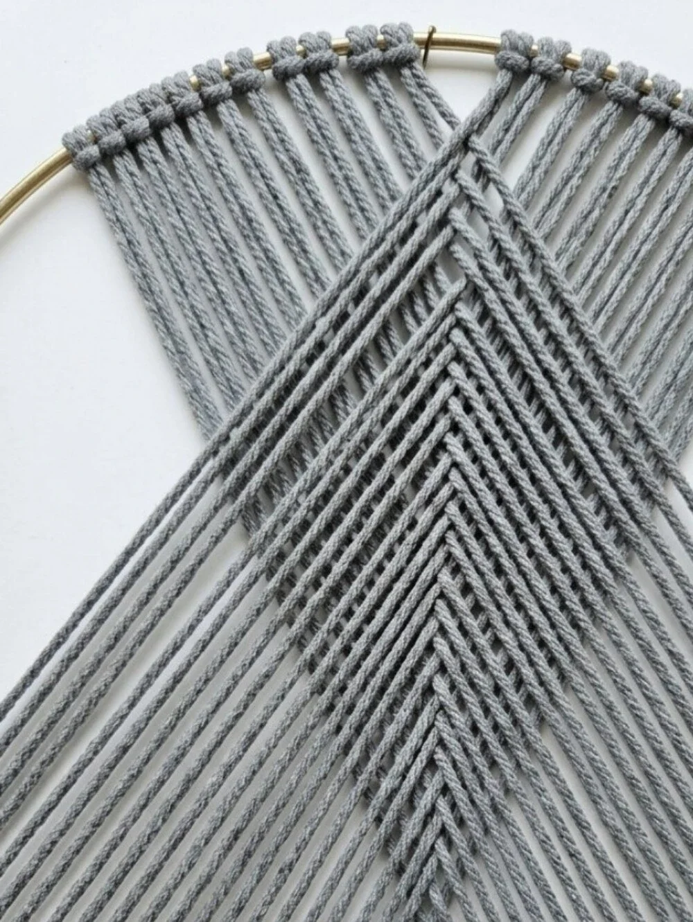 Handmade Macramé Wall Hanging w Gold Hoop Pretty Charcoal Grey